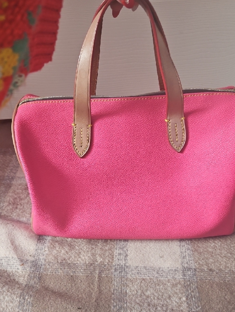 Dooney & Bourke Hot Pink Leather Tote with Tan Handles - Picture 4 of 11